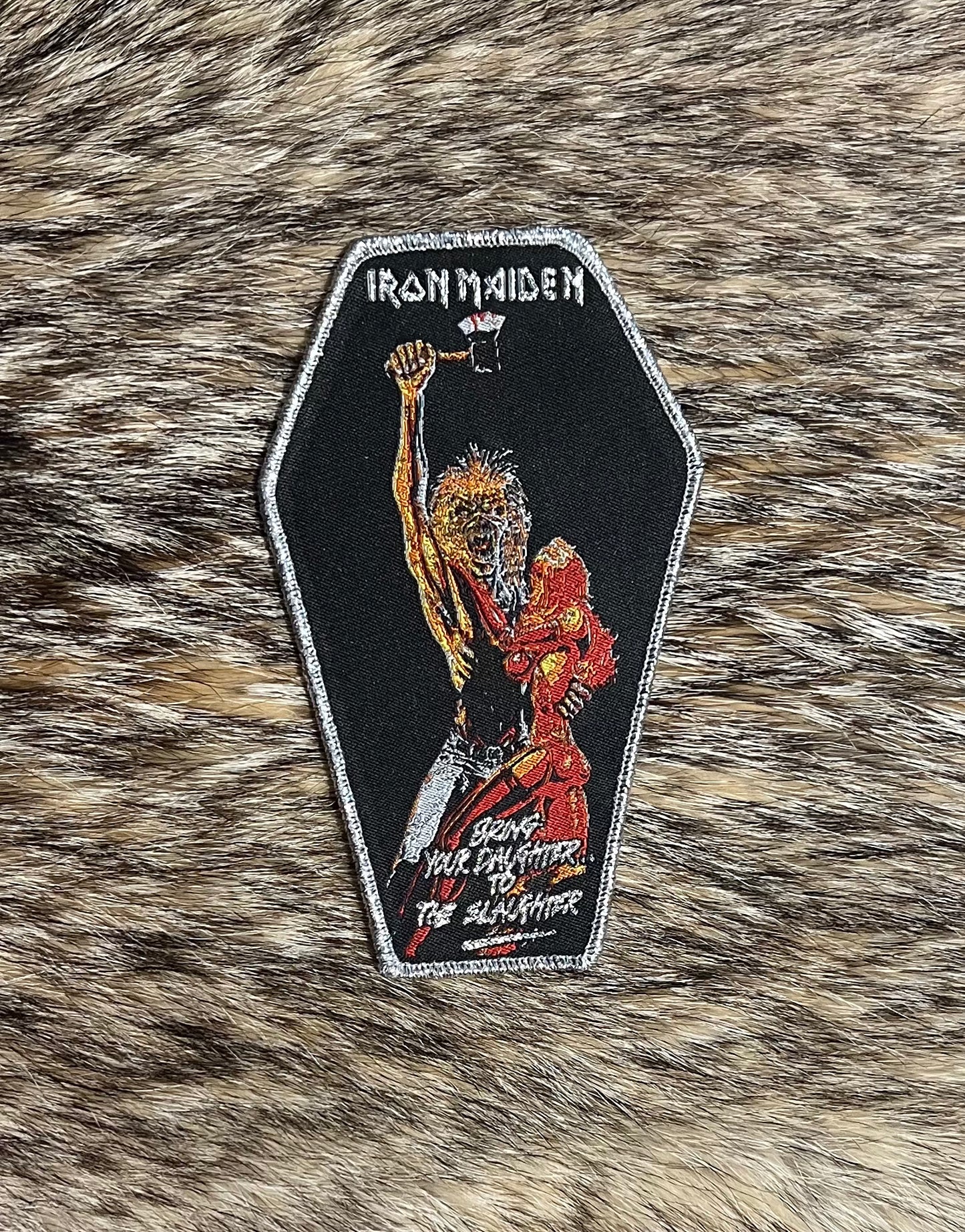 Iron Maiden - Bring Me Your Daughter Silver Border Coffin Patch